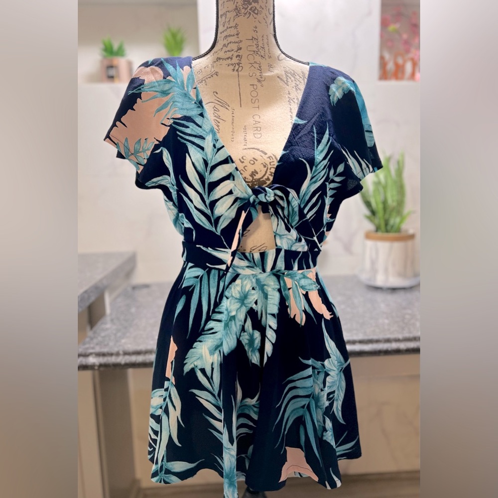 Floral, Navy blue, teal blue & pink romper. 100% polyester, summer/spring casual